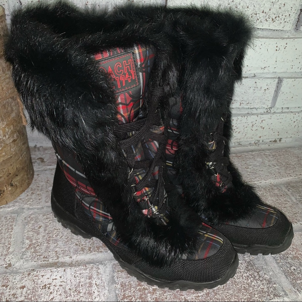 Coach Black Plaid Fur-Trim Winter Boots